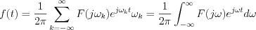 $               f(t)=\frac{1}{2\pi}\sum_{k=-\infty}^{\infty}F(j\omega_k)e^{j\omega_k t}\omega_k=\frac{1}{2\pi}\int_{-\infty}^{\infty}F(j\omega)e^{j\omega t}d\omega