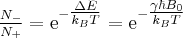 \label{equilibrium_ratio_spins}
\frac{N_-}{N_+} = \mathrm{e}^{- \tfrac{ \Delta E }{k_B T}} =  \mathrm{e}^{ - \tfrac{ \gamma \hbar B_0} {k_B T}  }