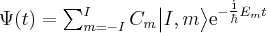 \label{general_wavefunction}
\Psi (t) = \sum_{m= -I}^{I} { C_m \big | I , m \big > \mathrm{e}^{ - \tfrac{ \mathrm{i}}{\hbar} E_m t} }