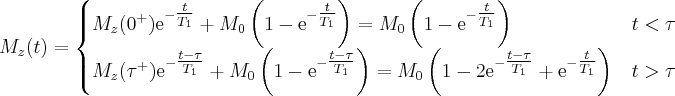 \label{repeated_SE3}
M_z(t)=
\begin{cases}
M_z (0^+) \mathrm{e}^{- \tfrac{t}{T_1}} + M_0 \left ( 1 - \mathrm{e}^{- \tfrac{t}{T_1}} \right ) = M_0 \left ( 1 - \mathrm{e}^{- \tfrac{t}{T_1}} \right) & t < \tau \\ M_z(\tau^+)\mathrm{e}^{-\tfrac{t-\tau}{T_1}} + M_0 \left( 1 - \mathrm{e}^{-\tfrac{t-\tau}{T_1}} \right) = M_0 \left ( 1 - 2 \mathrm{e}^{-\tfrac{t-\tau}{T_1}} + \mathrm{e}^{-\tfrac{t}{T_1}} \right) & t > \tau
\end{cases}