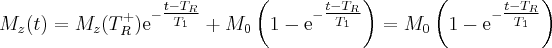 \label{repeated_FID7}
M_z (t) = M_z (T_R^+) \mathrm{e}^{- \tfrac{t-T_R}{T_1}} + M_0 \left ( 1 - \mathrm{e}^{- \tfrac{t-T_R}{T_1}} \right ) = M_0 \left ( 1 - \mathrm{e}^{- \tfrac{t-T_R}{T_1}} \right)