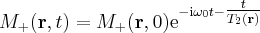 M_+ (\mathbf{r}, t) = M_+ (\mathbf{r}, 0) \mathrm{e}^{ - \mathrm{i} \omega_0 t - \tfrac {t}{T_2 ( \mathbf{r} )}}