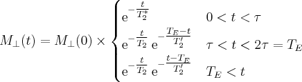 \label{repeated_SE4}
M_{\bot} (t) = M_{\bot} (0) \times
\begin{cases}
\mathrm{e}^{ - \tfrac{t}{T^*_2} } & 0 < t < \tau \\
\mathrm{e}^{ - \tfrac{t}{T_2} } \hspace{2pt} \mathrm{e}^{ - \tfrac{T_E - t}{T'_2} } &  \tau < t < 2 \tau = T_E \\
\mathrm{e}^{ - \tfrac{t}{T_2} } \hspace{2pt} \mathrm{e}^{ - \tfrac{t - T_E}{T'_2} } &   T_E < t
\end{cases}