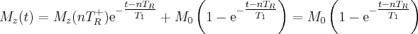 \label{repeated_FID11}
M_z (t) = M_z (nT_R^+) \mathrm{e}^{- \tfrac{t-nT_R}{T_1}} + M_0 \left ( 1 - \mathrm{e}^{- \tfrac{t-nT_R}{T_1}} \right ) = M_0 \left ( 1 - \mathrm{e}^{- \tfrac{t-nT_R}{T_1}} \right)