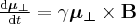 \label{mu_transverse}
\frac{ \mathrm{d} \boldsymbol{\mu_{\bot}} } { \mathrm{d} t } = \gamma \boldsymbol{\mu_{\bot}} \times \mathbf{B}