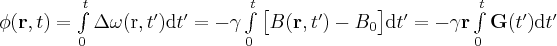 \label{phi_gradient}
\phi (\mathbf{r} , t) = \int\limits_0^t \Delta \omega (\mathrm{r} , t') \mathrm{d} t' = - \gamma \int\limits_0^t \big [ B(\mathbf{r},t') - B_0 \big ] \mathrm{d} t'    = - \gamma \mathbf{r} \int\limits_0^t \mathbf{G} (t') \mathrm{d} t'