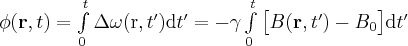 \label{phi_definition}
\phi (\mathbf{r} , t) = \int\limits_0^t \Delta \omega (\mathrm{r} , t') \mathrm{d} t' = - \gamma \int\limits_0^t \big [ B(\mathbf{r},t') - B_0 \big ] \mathrm{d} t'