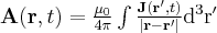 \label{vector_potential}
\mathbf{A} ( \mathbf{r} , t ) = \frac{\mu_0}{4 \pi} \int \frac {\mathbf{J} ( \mathbf{r'} , t)} {| \mathbf{r} - \mathbf{r'} |} \mathrm{d^3r'}