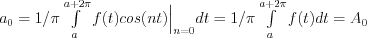 a_0 = 1/\pi \int\limits_a^{a+2\pi} f(t)cos(nt) \Big|_{n=0} dt =1/ \pi \int\limits_a^{a+2\pi} f(t)dt = A_0