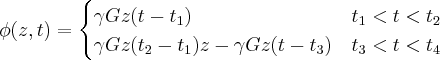 \label{1D_imaging6}
\phi(z,t) =
\begin{cases}
\gamma G z (t-t_1) & t_1 < t < t_2 \\
\gamma G z (t_2 - t_1) z - \gamma G z (t-t_3) & t_3 < t < t_4
\end{cases}