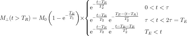 \label{repeated_SE7}
M_{\bot} (t>T_R) = M_0 \left ( 1 - \mathrm{e}^{-\tfrac{T_R}{T_1}} \right ) \times
\begin{cases}
\mathrm{e}^{ - \tfrac{t-T_R}{T^*_2} } & 0 < t < \tau \\
\mathrm{e}^{ - \tfrac{t-T_R}{T_2} } \hspace{2pt} \mathrm{e}^{ - \tfrac{T_E - (t-T_R)}{T'_2} } &  \tau < t < 2 \tau = T_E \\
\mathrm{e}^{ - \tfrac{t-T_R}{T_2} } \hspace{2pt} \mathrm{e}^{ - \tfrac{t-T_R - T_E}{T'_2} } &   T_E < t
\end{cases}